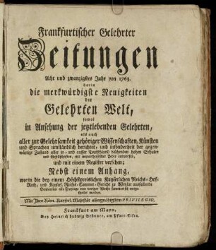 28: Frankfurtischer gelehrter Zeitungen Acht und zwanzigstes Jahr