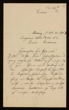 22: Brief von Max Conrat an Otto von Gierke, Florenz, 30.11.1907