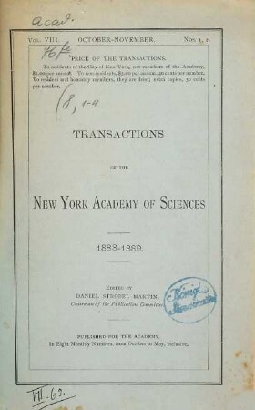 Transactions of the New York Academy of Sciences. 8. 1888/89