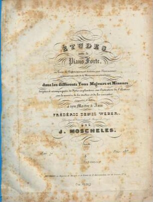 Etudes pour le pianoforte : ou leçons de perfectionnement destinées aux élèves avancés, contenant une suite de 24 morceaux caractéristiques dans les différents tons majeurs et mineurs, doigtées et accompagnées de notes explicatives sur l'intention de l'auteur sur la manière de les étudier et de les exécuter ; oeuv. 70. [1]. Nr. 1-12. Nouvelle édition. - Bruxelles : Messemaecker. - Pl.-Nr. 2815. - 55 S.