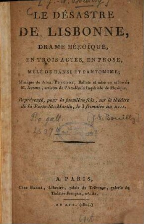 Le désastre de Lisbonne : drame héroïque, en trois actes, en prose, mêlé de danse et pantomime