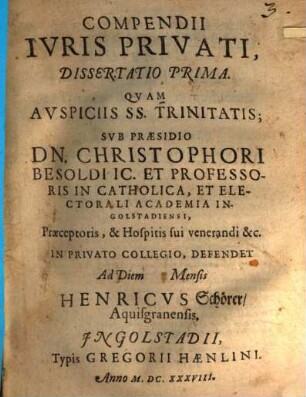 Compendii Ivris Privati, Dissertatio Prima