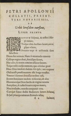 Petri Apollonii Collatii, Presbyteri Novariensis, De Urbis Jerusalem eversione, Liber Primus