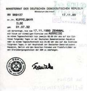 Berechtigungsschein der DDR zum zehnmaligen Empfang eines Ein- und Ausreisevisums