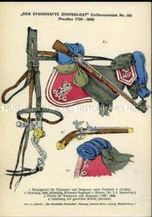 Uniformdarstellung, Detailstudie von Hauptgestell und Sattelzeug für Kavallerie-Pferde und von einer Steinschlosspistole für Kürassiere und Dragoner, Königreich Preußen, 1756/1806.
