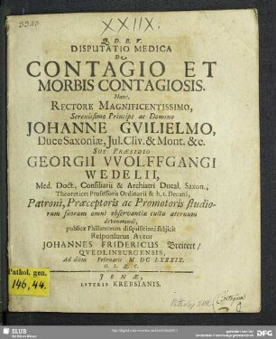 Disputatio Medica De Contagio Et Morbis Contagiosis