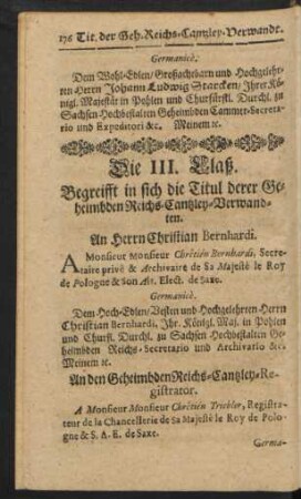 Die III. Claß. Begreifft in sich die Titul derer Geheimbden Reichs-Cantzley-Verwandten