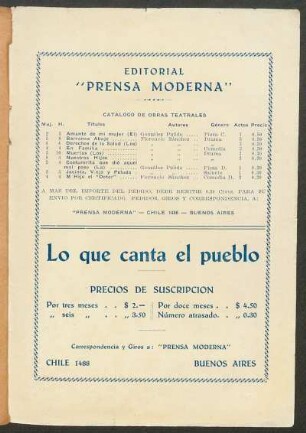 Catálogo de obras teatrales : Editorial "Prensa Moderna"