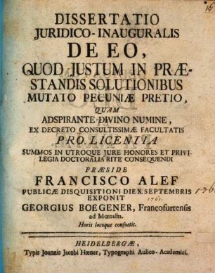Diss. inaug. de eo quod iustum in praestandis solutionibus mutato pecuniae pretio