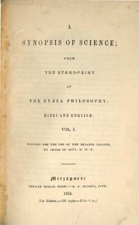 A Synopsis of science, from the standpoint of the Nyaya Philosophy : Hindi and English, 1