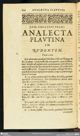 Joh. Philippi Parei Analecta Plautina In Rudentem