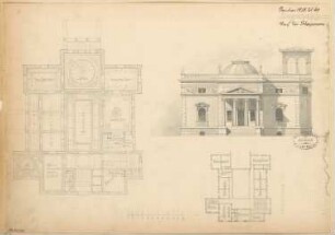 Villa für einem Junggesellen Monatskonkurrenz Januar 1878: Grundriss Erdgeschoss, Dachgeschoss, Aufriss Vorderansicht; Maßstabsleiste