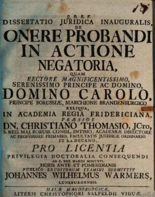 Dissertatio iuridica inauguralis de onere probandi in actione negatoria
