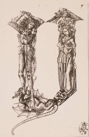 Das Figurenalphabet, , Buchstabe "Y", links St. Georg, den Drachen tötend; rechts Prinzessin, mit engel darüber