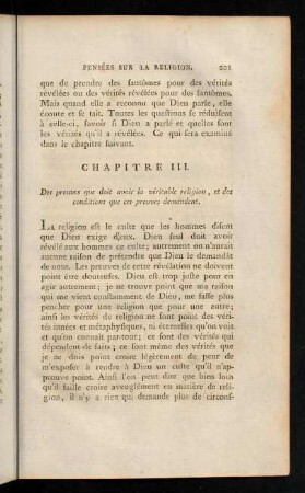 201-214, Chapitre III. Des preuves que doit avoir la véritable religion, et des conditions que ces preuves demandent.
