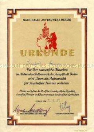 Urkunde zur Aufbaunadel des Nationalen Aufbauwerkes