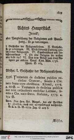 Achtes Hauptstück: Irenik; oder Vergleichung der Religionen und Bemühung, sie zu vereinigen