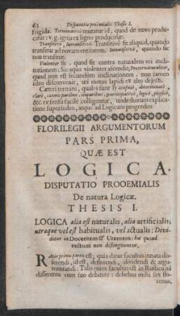 Pars Prima, Quae Est Logica Disputatio Prooemialis De natura Logicae