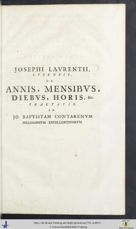 Josephus Laurentius: De Annis, Mensibus, Diebus, Horis Etc. Tractatio.