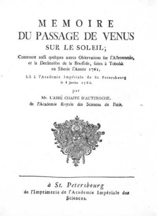 Memoire du passage de Venus sur le soleil