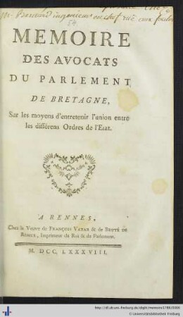 Mémoire Des Avocats Du Parlement De Bretagne, Sur les moyens d'entretenir l'union entre les différens Ordres de l'Etat