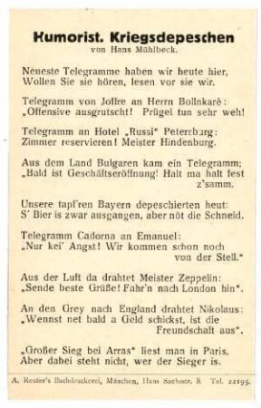 Text-Karten, ohne Nummern: Humorist. Kriegsdepeschen