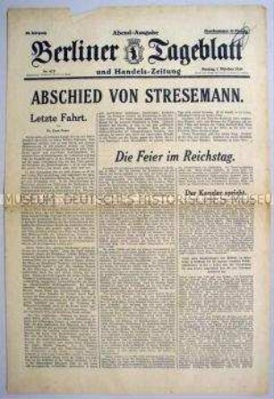 "Berliner Tageblatt" zum Tod von Gustav Stresemann