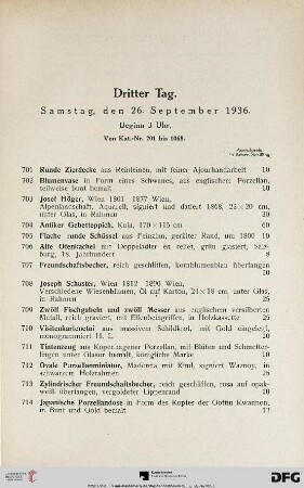 Dritter Tag: Samstag, den 26. September 1936, Beginn 3 Uhr (Nr. 701-1068)