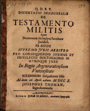 Dissertatio inauguralis de testamento militis