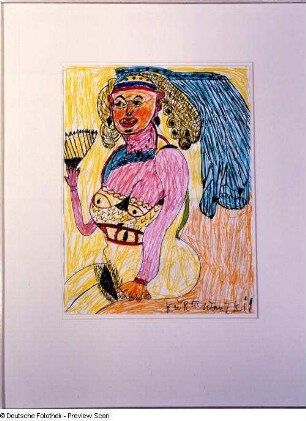Ohne Titel (Sitzende mit Kopfputz) : Ohne Titel (Sitzende mit Kopfputz). Mischtechnik. Ausstellung: Kurt Wanski. Arbeiten auf Papier, 10.01.-02.03.2003