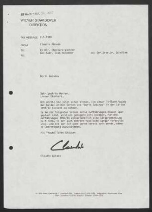 Brief an Eberhard Wächter und Ioan Holender, 02.05.1990