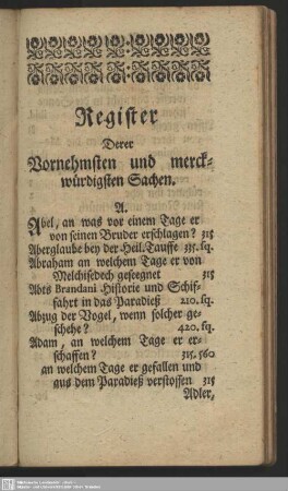 Register Derer Vornehmsten und merckwürdigsten Sachen
