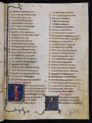 Deckfarbeninitialen, historisiert: L (Le dieu d'amours) und I (Douz Regart)