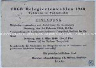 Einladung zu einer Mitgliederversammlung des FDGB in Berlin-Tempelhof