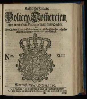 Nro. XLIII, Montags, den 27. Octobr. 1749