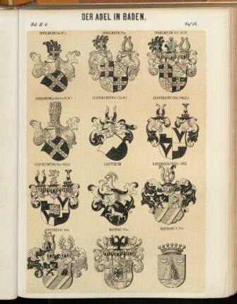 Taf. 14. Ingelheim (St.W.) - Ingelheim Fhr. - Ingelheim Grf. 1737. - Ingelheim (anderes St.W) - Leoprechting (St.W.) - Leoprechting (1652) - Leoprechting Fhr (1685) - Leutrum - Lotzbeck (1559)-1815 - Lotzbeck 1815. - Mainau Fhr. - Mayronet Fhr.