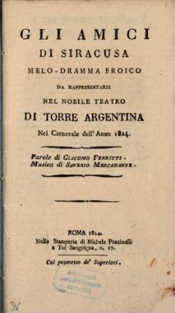 Gli amici di Siracusa : melo-dramma eroico