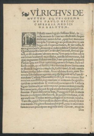 Ulrichus De Hutten Eques Germanus Paulo Ricio Caesaria Medicina Salutem.