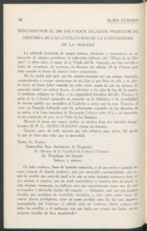 Discurso por el Dr. Salvador Salazar, Profesor de Historia de las Literaturas de la Universidad de la Habana