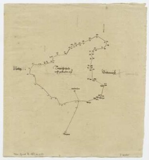Torgauer Heide, Vorkarte mit Umriß und Meßpunkten. Blatt 3 recto aus: Alte aufgetragenen Mappen welche Churf. Augustus mitt dem Wagen , die Orttung oder schmigung gesucht, vnnd vonn dießenn Rein aufgetragenn, vnnd eine Mappa darauß gemacht wordenn. 2. H. 16. Jh. Zum Teil von des Kurfürsten eigener Hand. Dresden: SLUB Mscr.Dresd.Q.187.m