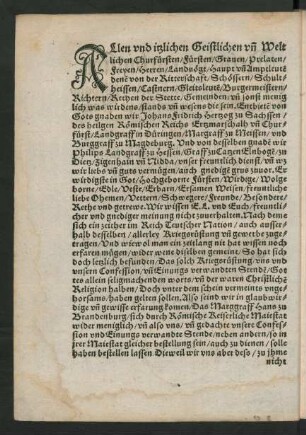 Allen und itzlichen Geistlichen und Weltlichen Churfürsten/ Fürsten/ Graven/ Prelaten ...