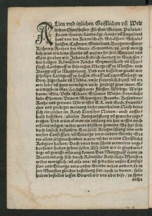 Allen und itzlichen Geistlichen und Weltlichen Churfürsten/ Fürsten/ Graven/ Prelaten ...