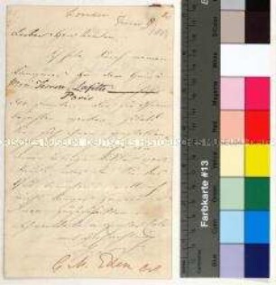 Brief des G. Morton Eden an den Maler Wilhelm Kemlein in Paris betreffend Geldauszahlung für Bilder