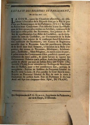 Extrait Des Registres De Parlement. Du dix-huit Avril 1752