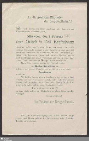 An die geehrten Mitglieder der Berggesellschaft! : Mittwoch, den 8. Februar, einen Besuch in Bad Hopfenbrunn
