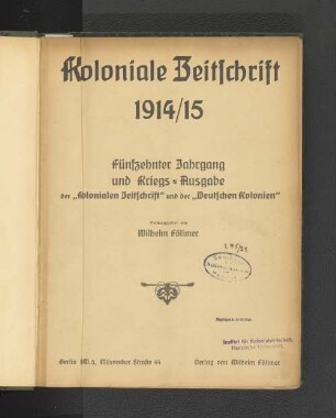 15.1914, Nr. 1-31: Koloniale Zeitschrift : Zeitschrift des Deutsch-Nationalen Kolonialvereins