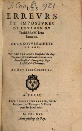 Les erreurs et impostures de l'Examen du Traicté ... de la souveraineté du Roy