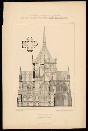Evangelischer Dom: Grundriss und Schnitt (aus: C. Schäfer, Die Bauhütte, Entwürfe im Stile des Mittelalters, 1. Bd., 1883, Tafel 19)