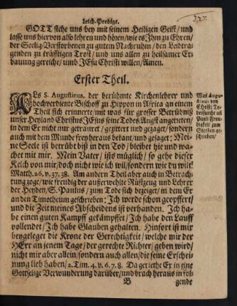 Erster Theil. [I. Wo es her gerühret/ daß unsere liebe Schwester/ Frau Anna-Dorothea Thielemann/ auff ihrem Tod-Bette von Lust reden können?]