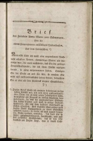 Brief des Fräulein Anna Maria von Schurmann, über die einem Frauenzimmer anständigen Wissenschaften